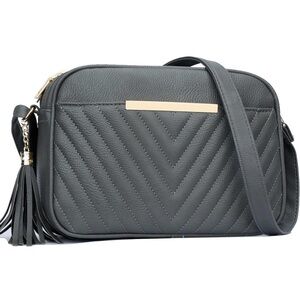 Chevron Quilted Crossbody Bag in Charcoal Gray with Tassel